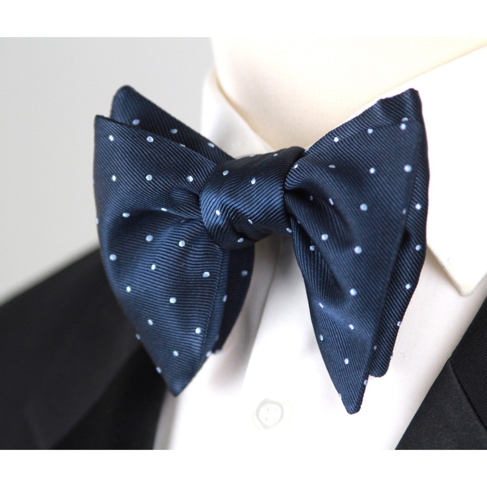 Men's Self-tied Bow Tie 100%Silk Big Butterfly Navy Polka Dot S718